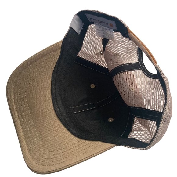 Carhartt Khaki Mesh Snapback Trucker Hat Logo Patch Cotton Blend Beige Black Cap - Picture 9 of 10